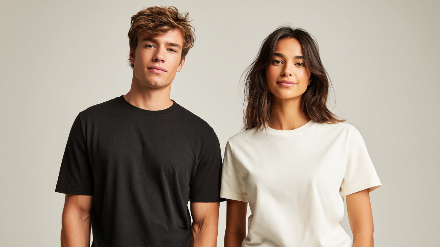 Model in slim fit T-shirt naast model in regular fit T-shirt – verschil in pasvorm